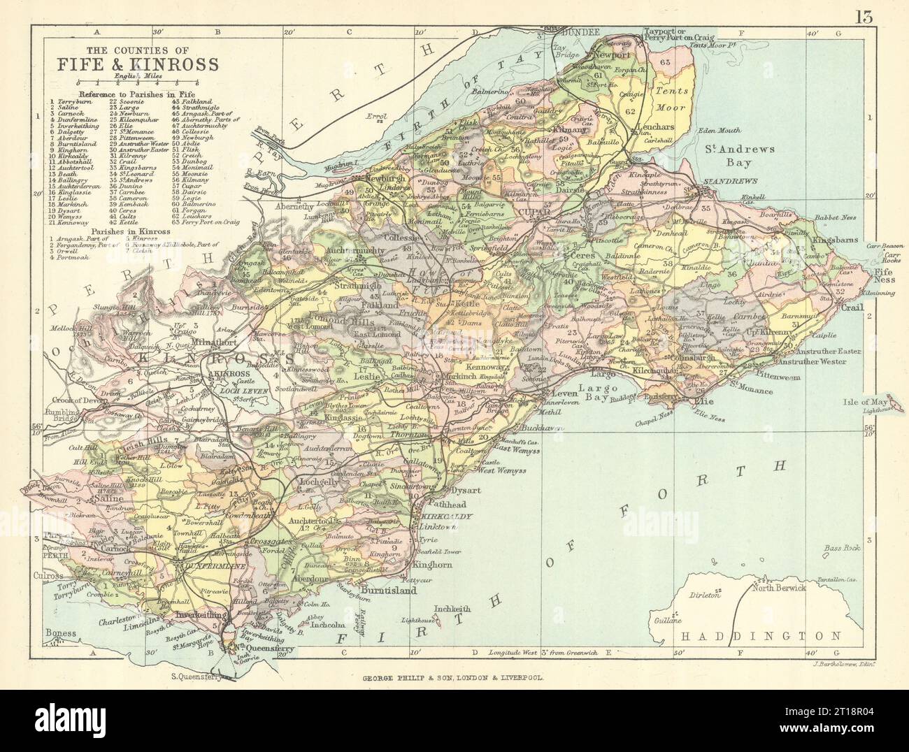 'The Counties of Fife & Kinross'. Kinross-shire. Parishes. BARTHOLOMEW 1888 map Stock Photo
