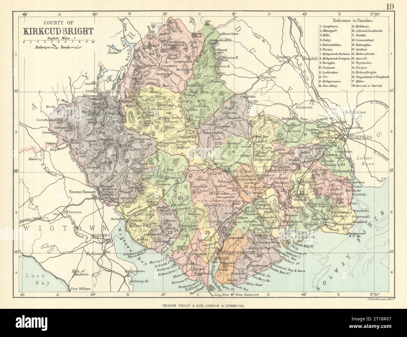 'County of Kirkcudbright'. Kirkcudbrightshire. Parishes. BARTHOLOMEW 1888 map Stock Photo