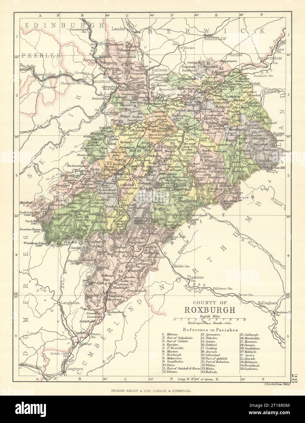 'County of Roxburgh'. Roxburghshire. Parishes. BARTHOLOMEW 1888 old map Stock Photo