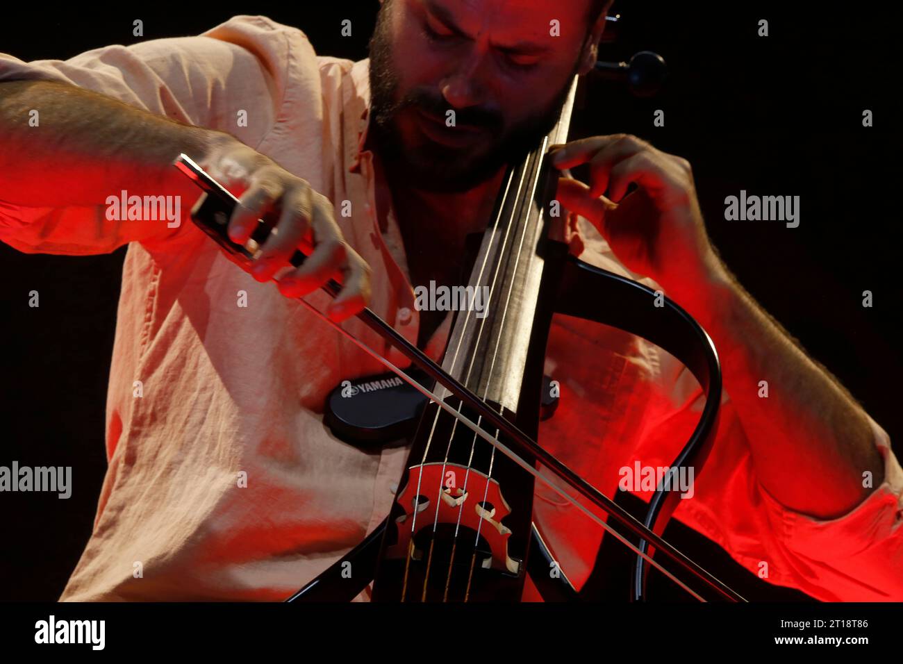 October 11, 2023, Madrid, Madrid, Spain: The Croatian cellist, Stjepan Hauser (Pula, 1986), known artistically as Hauser, is seen on stage during a concert of his first solo world tour 'Rebel with a cello', at the WiZink Center, in Madrid (Spain). Stjepan Hauser, founding member of the duo 2Cellos arrives in Spain with his first solo show, 'Rebel with a cello'. As in the 2Cellos concerts, the new show includes innovative sound, lighting and image effects, and careful staging, with Hauser at the center of the stage accompanied by an orchestra of string, wind and percussion instruments. On this Stock Photo