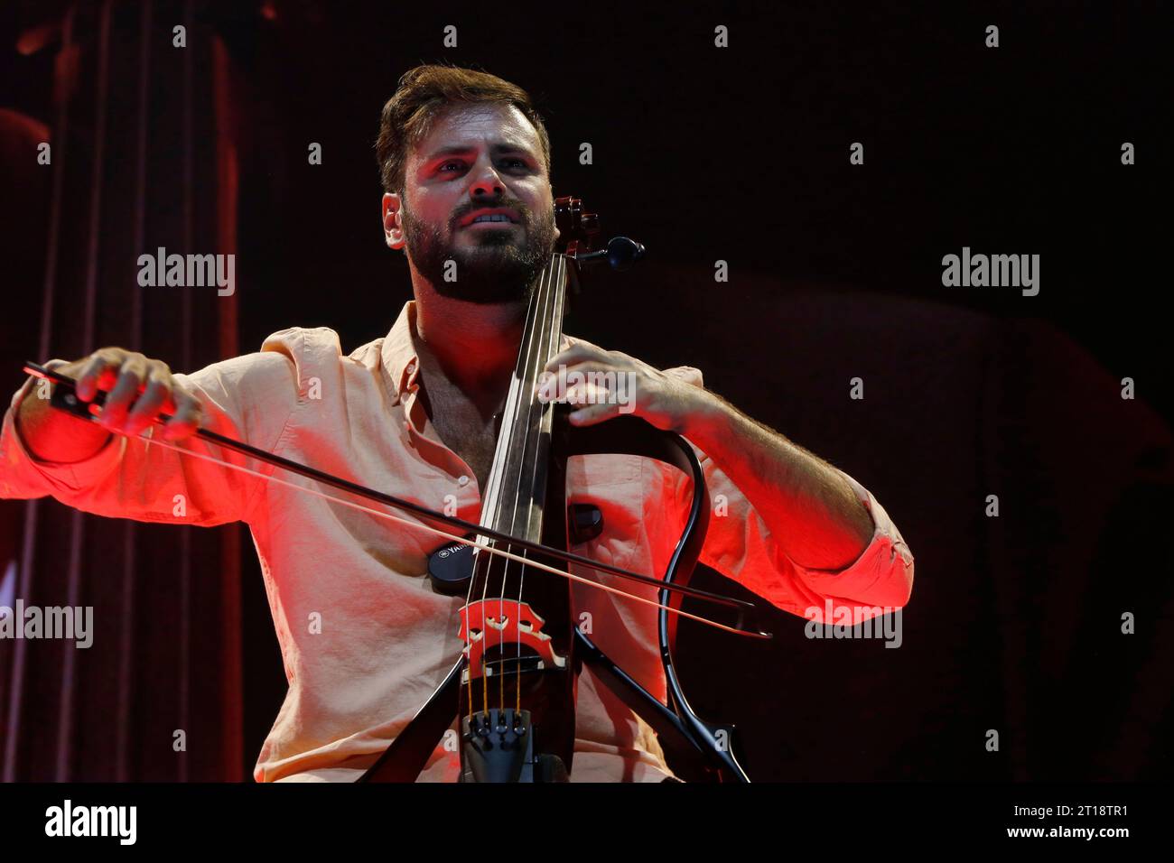 October 11, 2023, Madrid, Madrid, Spain: The Croatian cellist, Stjepan Hauser (Pula, 1986), known artistically as Hauser, is seen on stage during a concert of his first solo world tour 'Rebel with a cello', at the WiZink Center, in Madrid (Spain). Stjepan Hauser, founding member of the duo 2Cellos arrives in Spain with his first solo show, 'Rebel with a cello'. As in the 2Cellos concerts, the new show includes innovative sound, lighting and image effects, and careful staging, with Hauser at the center of the stage accompanied by an orchestra of string, wind and percussion instruments. On this Stock Photo