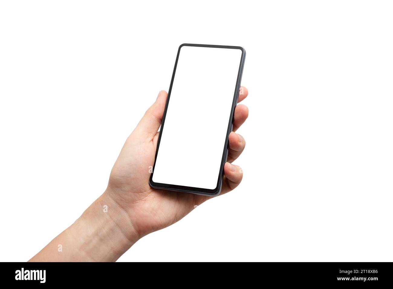 Man hand holding black smartphone isolated on white background Stock ...