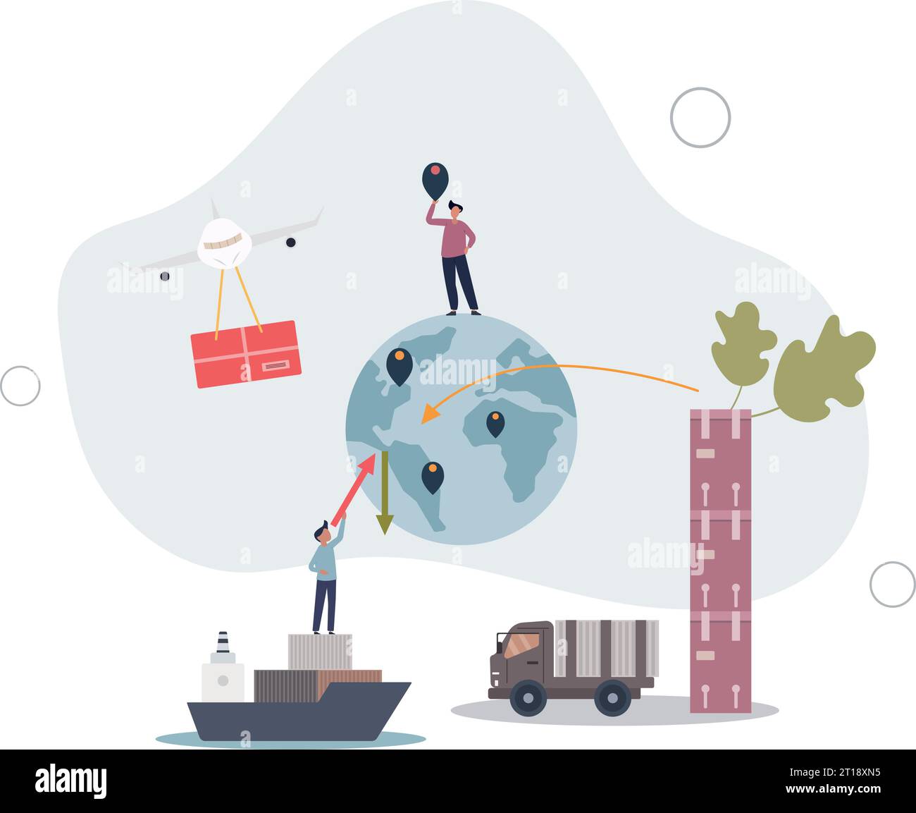 Supply chain management or SCM as logistics, warehouse inventory and sales planning .Global transportation network with export. Stock Vector