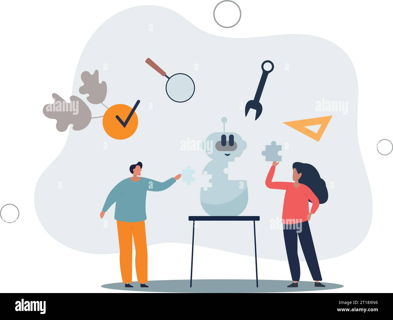 Youth in tech and teenagers work with robots coding.Programming artificial intelligence device with software and electronic engineering. Stock Vector