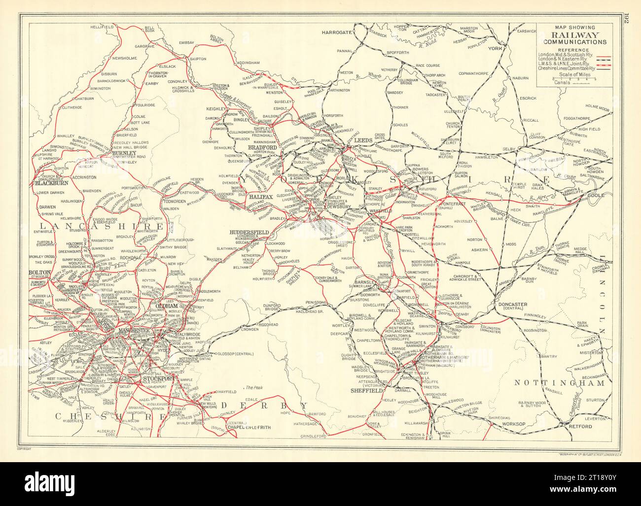 YORKSHIRE & LANCASHIRE Railway map Manchester Sheffield Bradford Leeds 1935 Stock Photo