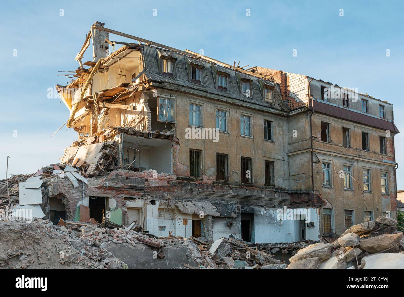 Destroyed residental building. A large destroyed house with broken