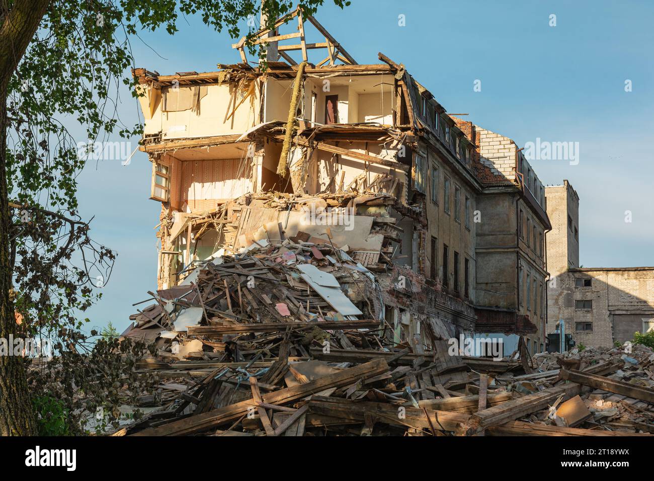 Destroyed residental building. A large destroyed house with broken