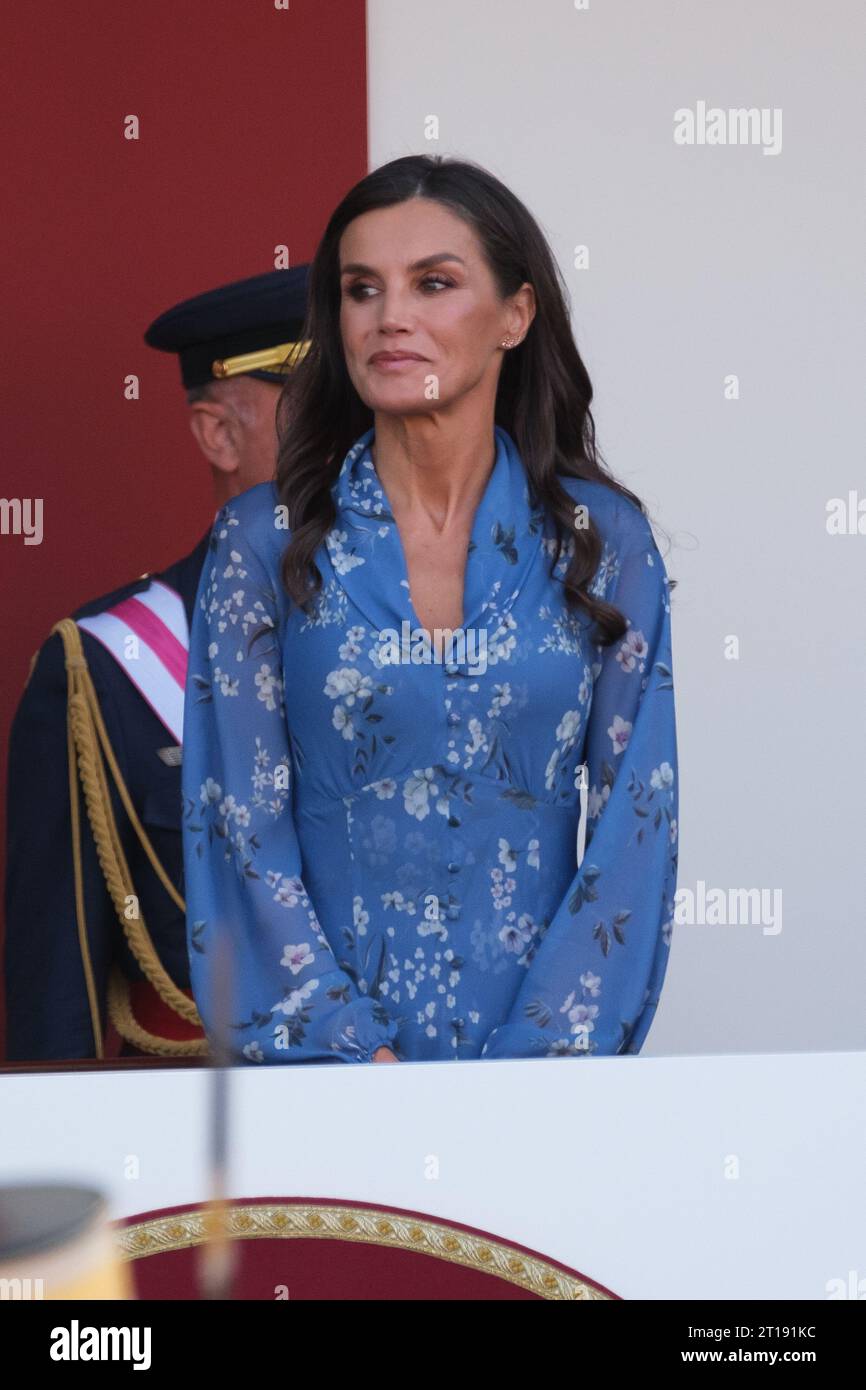 Madrid, Spain. 12th Oct, 2023. Queen Letizia of Spain attend the National Day Military Parade in plaza de Neptuno de on October 12, 2023 in Madrid, Spain. (Photo by Oscar Gonzalez/Sipa USA) (Photo by Oscar Gonzalez/Sipa USA) Credit: Sipa USA/Alamy Live News Stock Photo