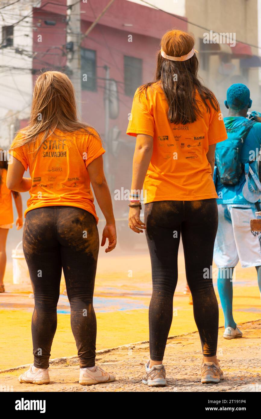 Salvador, Bahia, Brazil - March 22, 2015: People are seen covered in paint dust during the colorful race on Dique do Tororo in the city of Salvador, B Stock Photo
