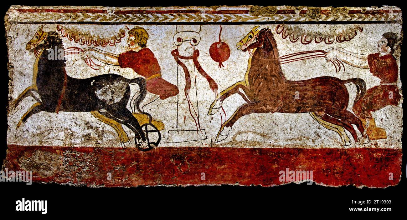 Man racing a chariot past the winning post, 3rd century BC,  Lucanian fresco tomb,  The ruins of Paestum are famous for their three ancient Greek temples in the Doric order  550 to 450 BC Stock Photo