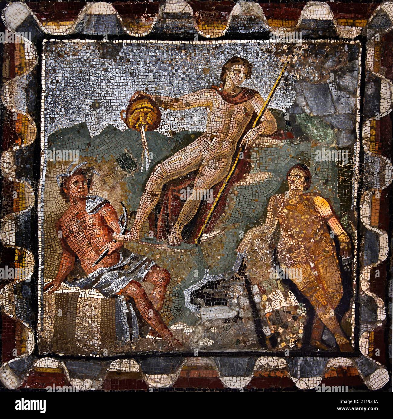 Group of mountain and water gods, mosaic from Pompeii Roman City is located near Naples in the Campania region of Italy. Pompeii was buried under 4-6 m of volcanic ash and pumice in the eruption of Mount Vesuvius in AD 79. Italy, Museum, Naples, Stock Photo