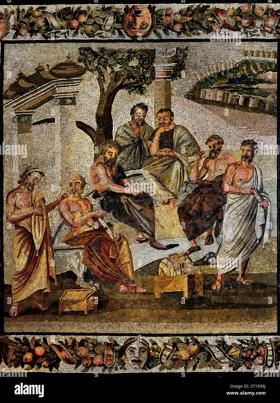 Plato Conversing with his Pupils, ( Plato was an Athenian philosopher during the Classical period in Ancient Greece, founder of the Platonist  )  from the House of T. Siminius, mosaic from Pompeii Roman City is located near Naples in the Campania region of Italy. Pompeii was buried under 4-6 m of volcanic ash and pumice in the eruption of Mount Vesuvius in AD 79. Italy, Museum, Naples, Stock Photo