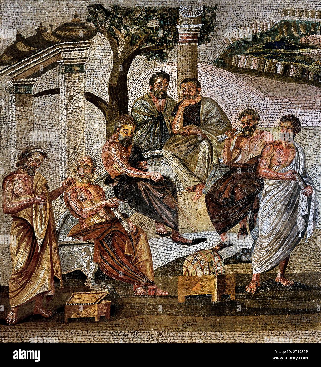 Plato Conversing with his Pupils, ( Plato was an Athenian philosopher during the Classical period in Ancient Greece, founder of the Platonist  )  from the House of T. Siminius, mosaic from Pompeii Roman City is located near Naples in the Campania region of Italy. Pompeii was buried under 4-6 m of volcanic ash and pumice in the eruption of Mount Vesuvius in AD 79. Italy, Museum, Naples, Stock Photo