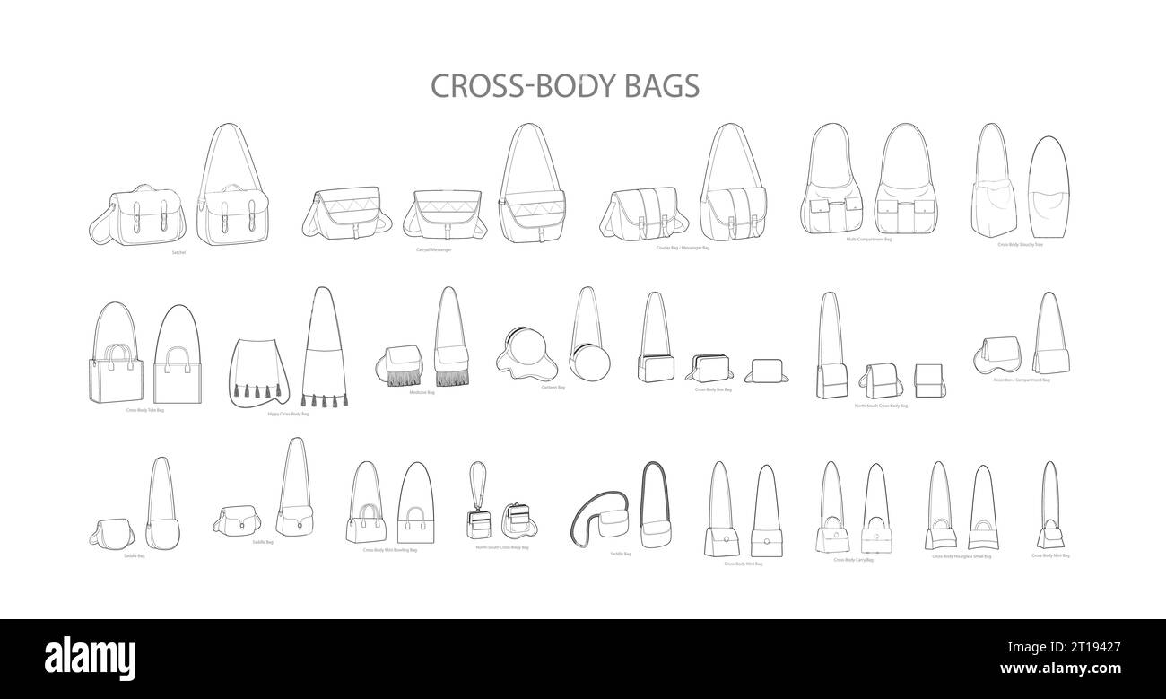 Set of Cross-Body Bags silhouette. Fashion accessory technical illustration. Vector satchel front 3-4 view for Men, women, unisex style, flat handbag CAD mockup sketch outline isolated Stock Vector