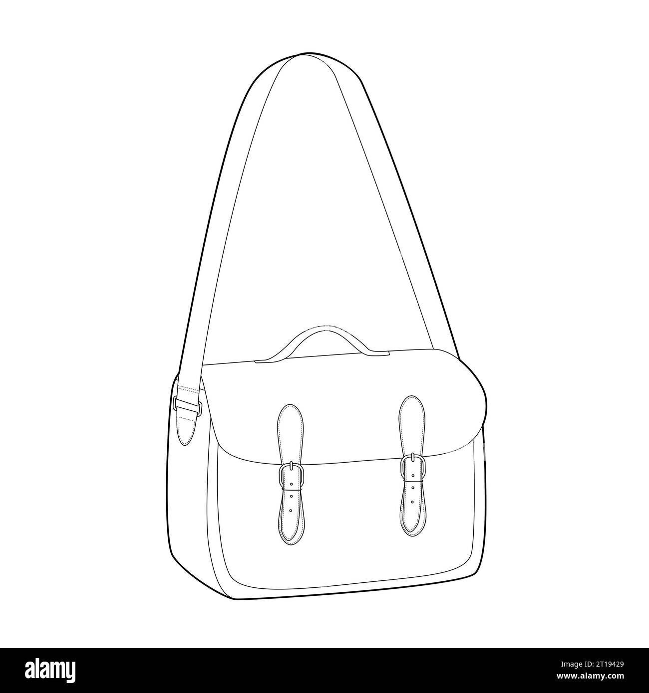 Satchel Cross-Body Bag messenger silhouette bag. Fashion accessory technical illustration. Vector satchel front 3-4 view for Men, women, unisex style, flat handbag CAD mockup sketch outline isolated Stock Vector