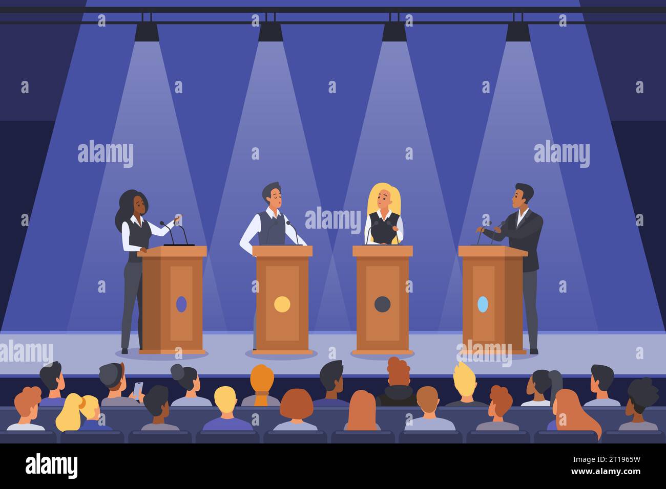 Political debates and speech of speakers on podiums vector illustration