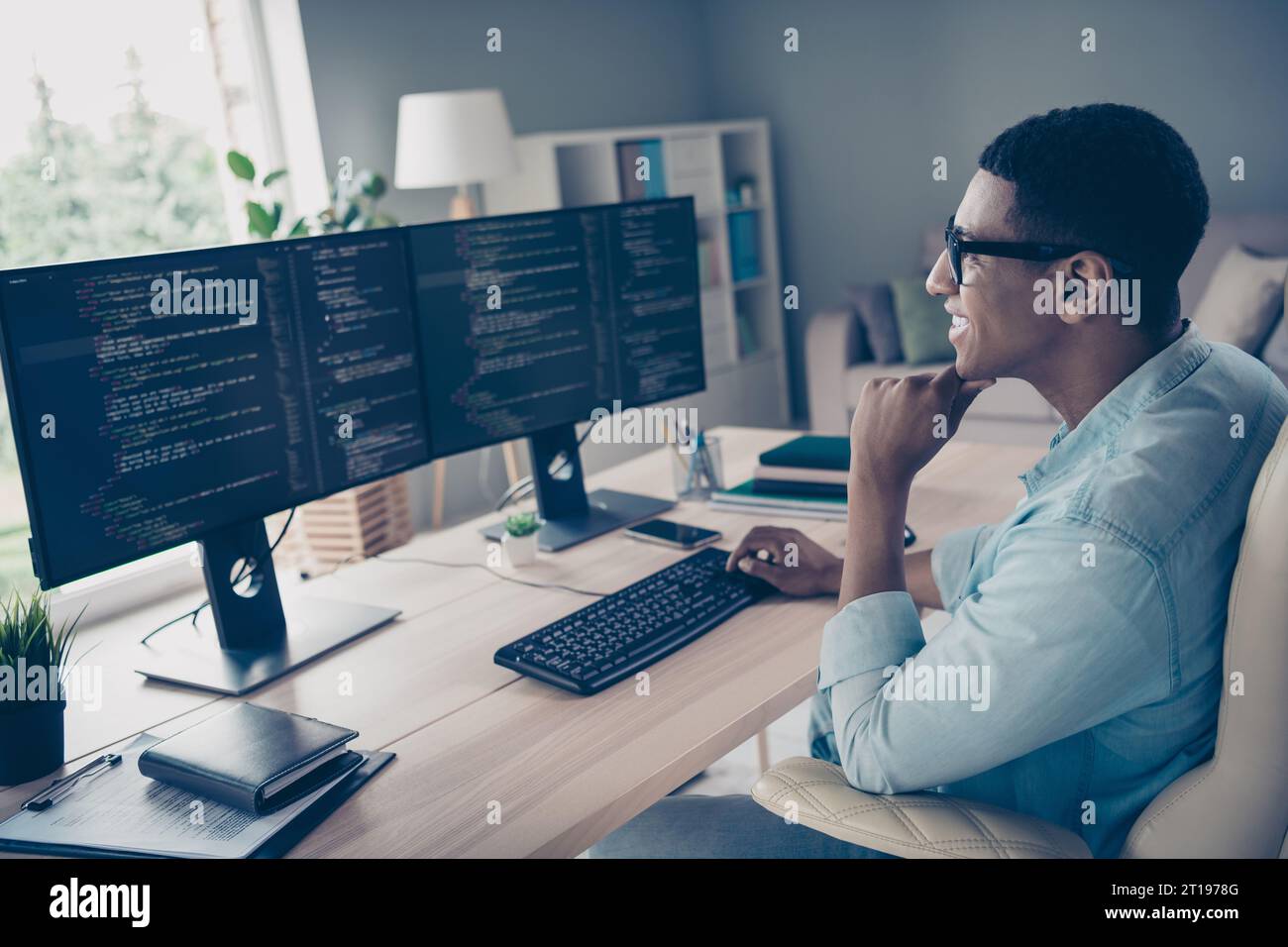 Side profile photo of young man job done professional system ...