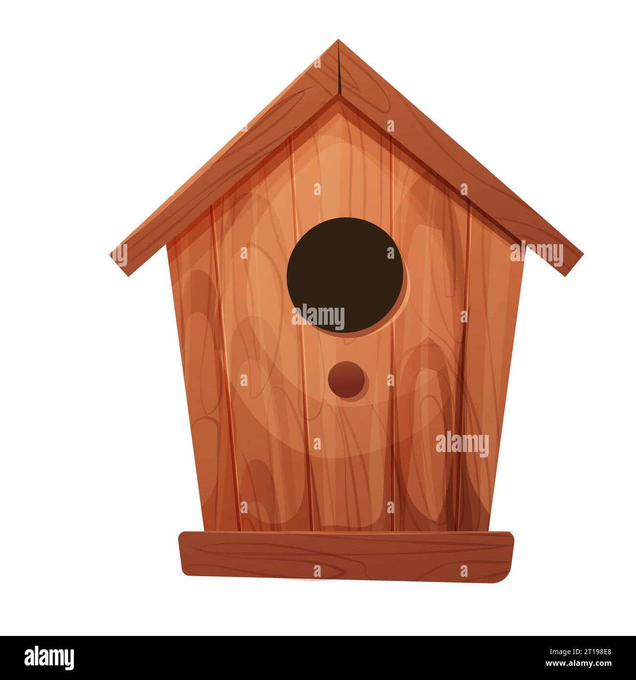 Wooden bird house, place for nest, empty decoration in cartoon style textured wood object isolated on white background. Springtime decoration, hanging home. Vector illustration Stock Vector