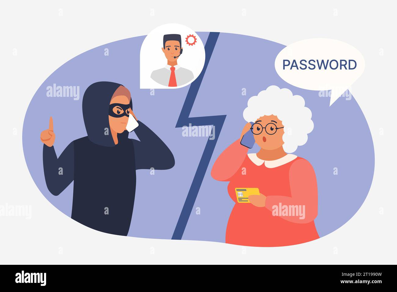 Mobile phone fraud with elderly woman as victim of scam vector illustration. Cartoon scammer talking to senior person to deceive, steal credit card or bank account password, old people trust thief Stock Vector