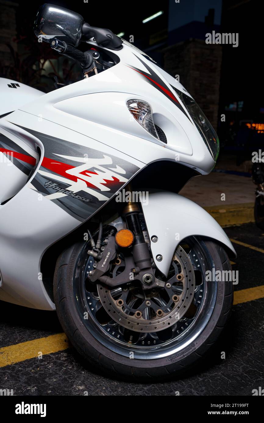 Fort Lauderdale, FL, USA - October 11, 2023: Night stock image of a Suzuki Hayabusa super street sports motorcycle Stock Photo