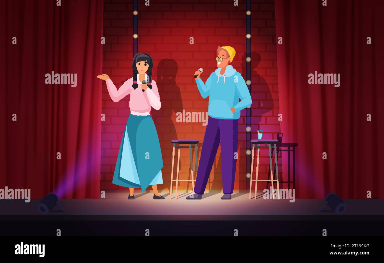 Couple of comedians perform comedy live show on theater stage vector illustration. Cartoon young talent male and female comedians with microphones tell funny story and jokes, speak in spotlight Stock Vector