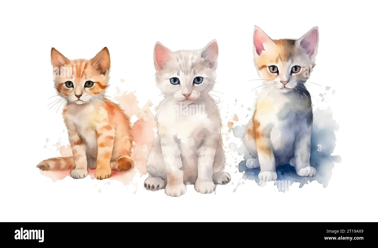 Three watercolor kittens isolated on white background. Vector illustration Stock Vector