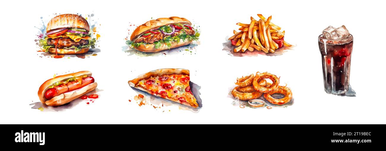 Fast food: burger, doner, hot-dog, pizza, french fries and onion rings ...