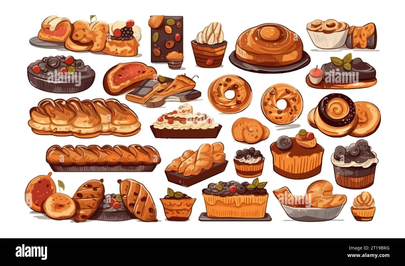 Set of bakery, flat cartoon isolated on white background. Vector illustration Stock Vector
