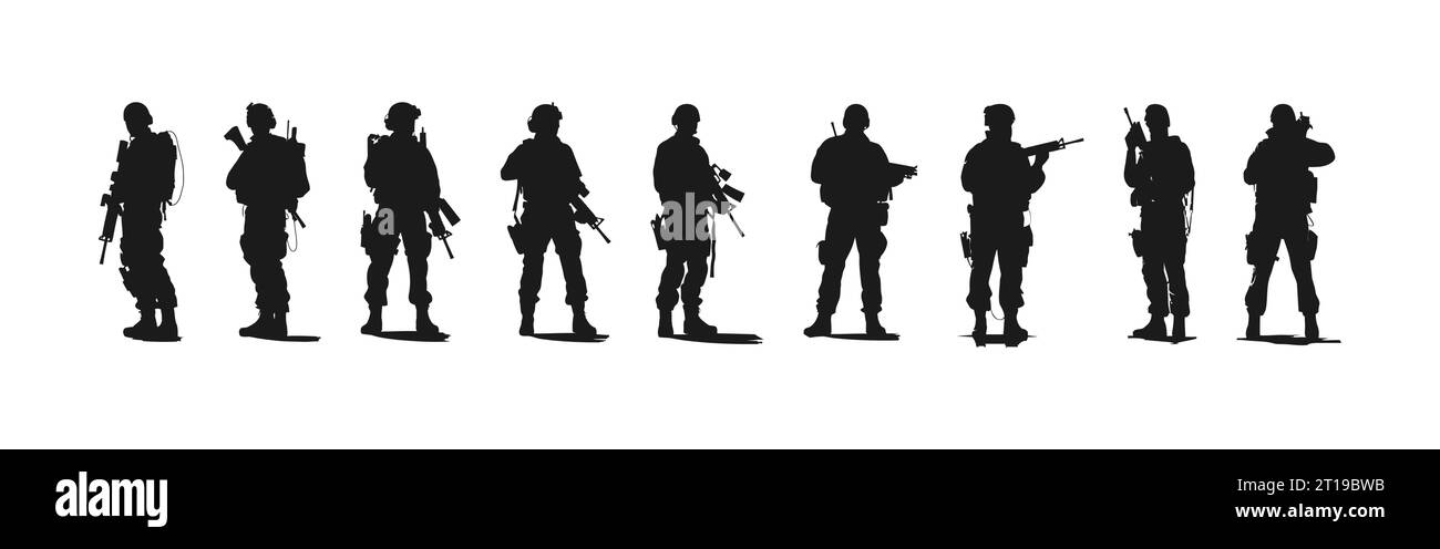 Set of black silhouettes of soldiers isolated on white background, vector illustration Stock Vector