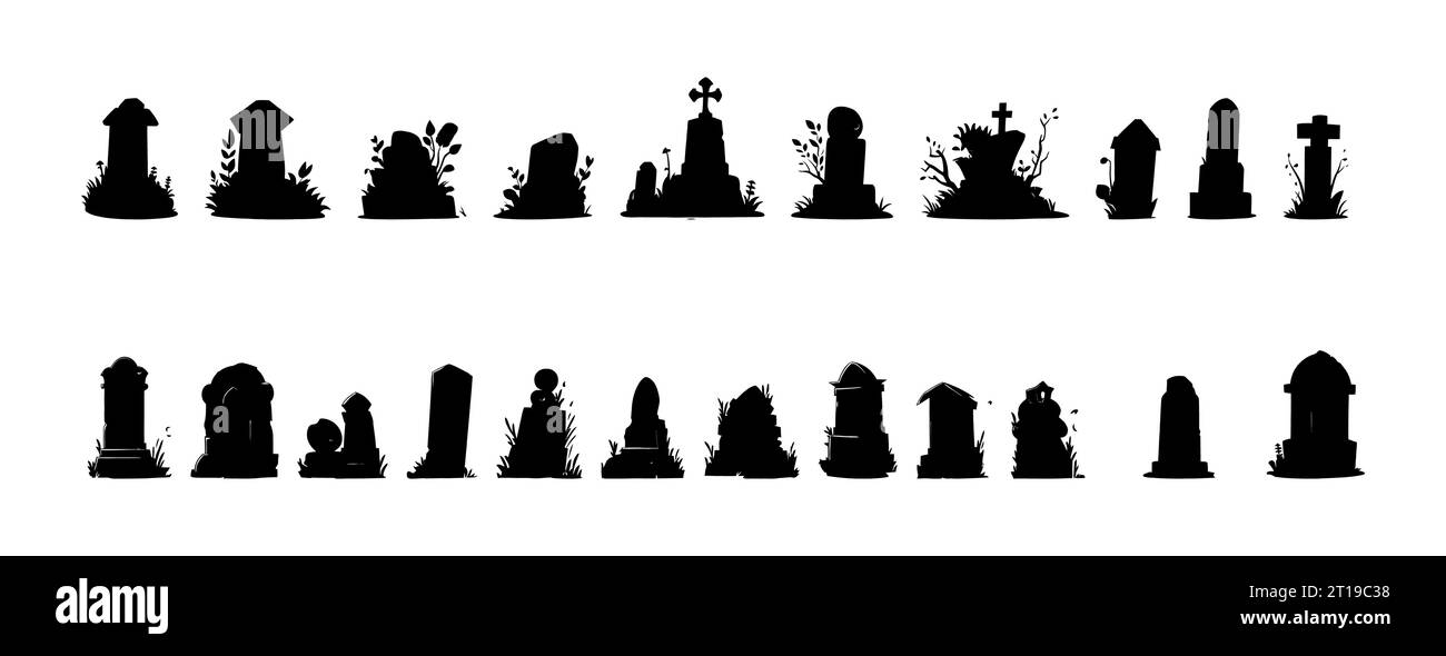 Black silhouette tombstone set flat cartoon isolated on white background. Vector illustration Stock Vector