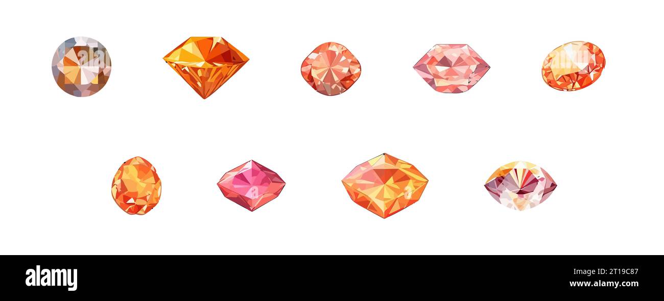 Orange gem diamond set flat cartoon isolated on white background. Vector isometric  illustration Stock Vector