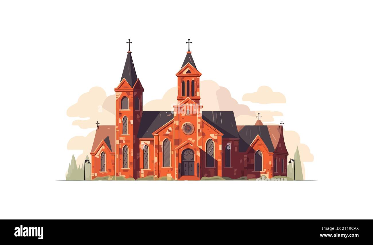 Old church building flat cartoon isolated on white background. Vector illustration Stock Vector