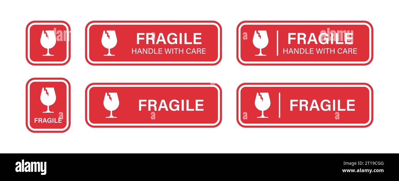 Fragile set red sticks. Handle with care label with broken glass symbol. Isolated icon, vector illustration Stock Vector
