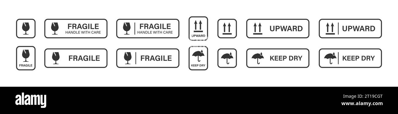 Packaging symbols: fragile, handle with care, keep dry and upward. Set warning icon. Isolated vector signs Stock Vector