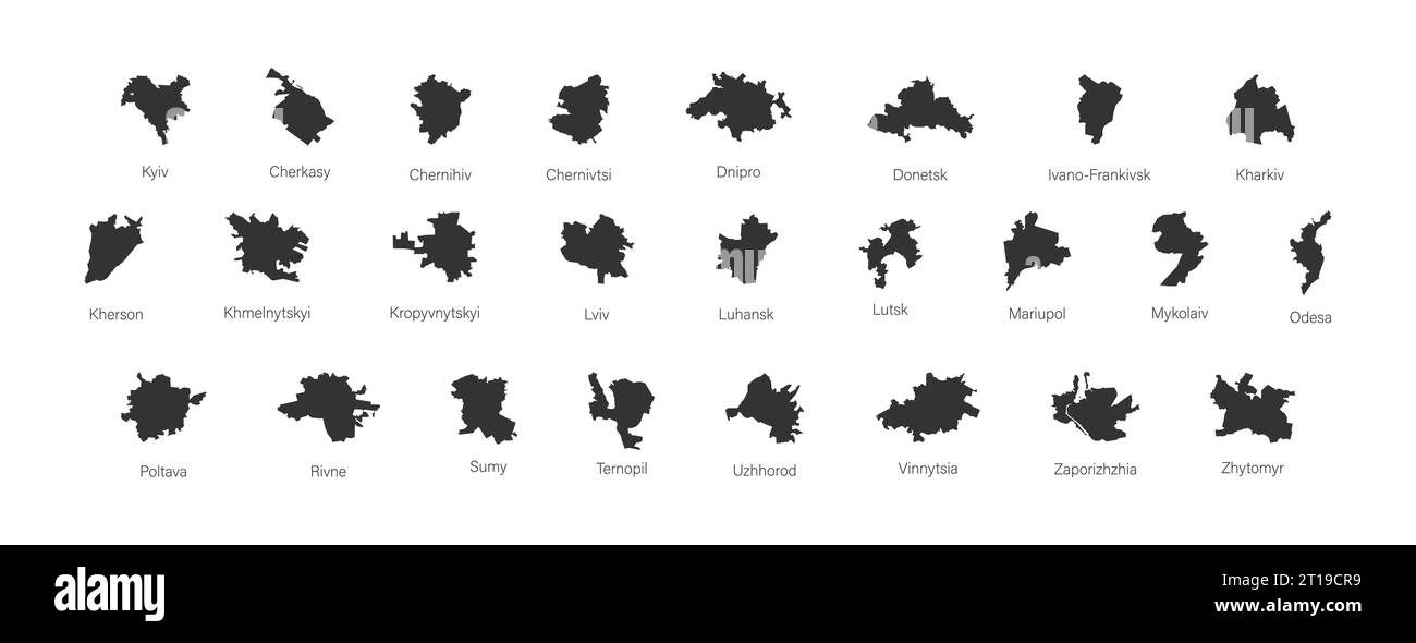 Silhouettes of maps of Ukrainian cities. Set of black icons: Kyiv, Lviv, Odesa, Dnipro, etc. Isolated vector illustration Stock Vector