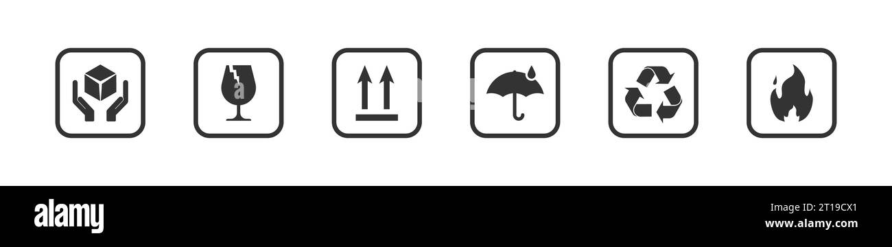 Fragile, handle with care, keep dry, upward, fire, recycled set icon. Packaging symbols. Warning symbols for delivery. Isolated vector illustration Stock Vector