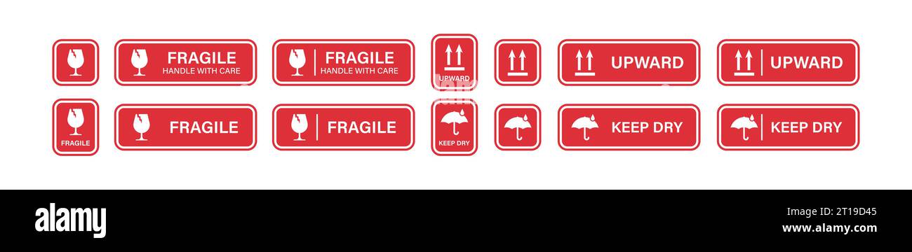 Packaging symbols: fragile, handle with care, keep dry and upward. Set red sticker with icon. Isolated warning vector signs Stock Vector
