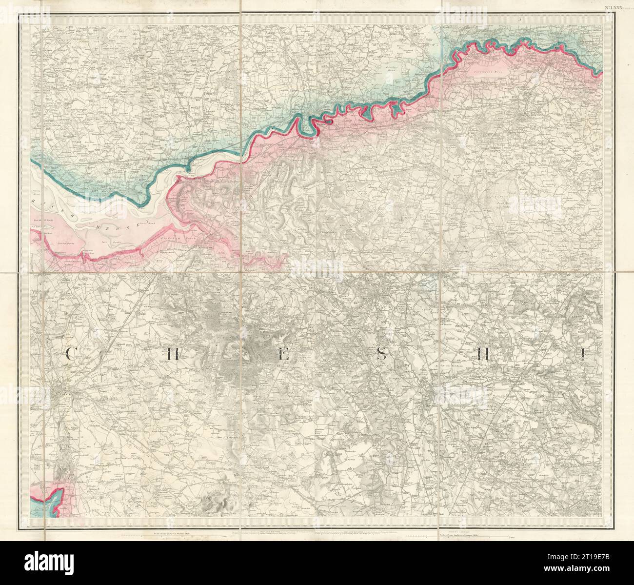 OS #80 Mersey Valley & Cheshire Plain. Warrington Runcorn Chester 1842 old map Stock Photo