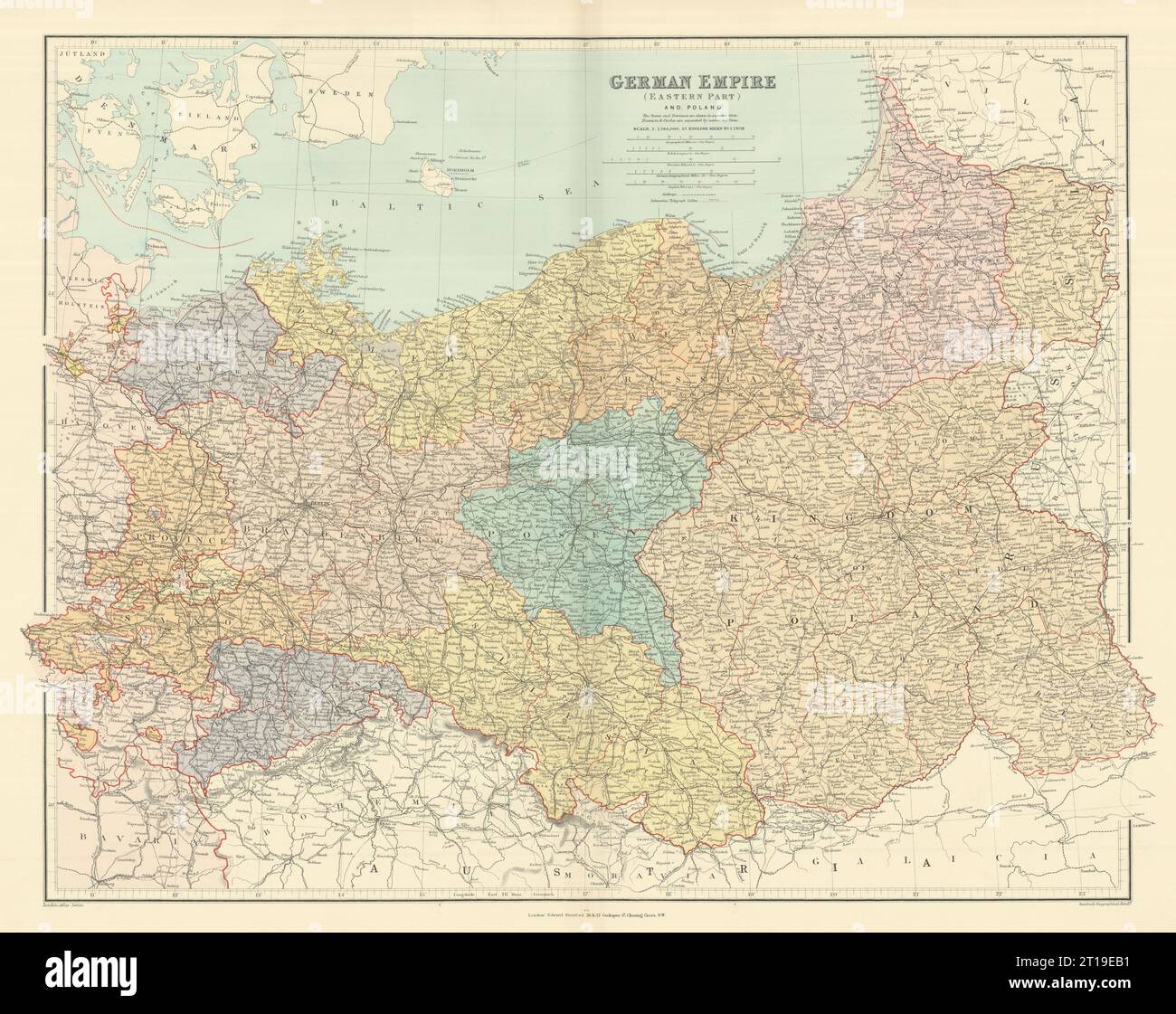 German Empire (eastern part) and Poland. Large 66x52cm. STANFORD 1894 old map Stock Photo