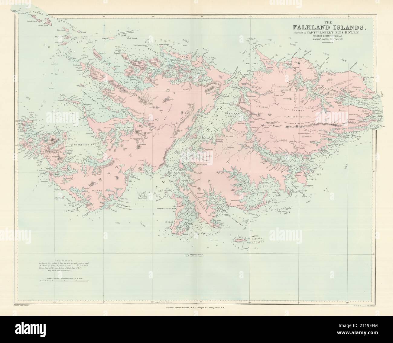 The Falkland Islands surveyed by Captain Robert Fitzroy. STANFORD 1894 old map Stock Photo