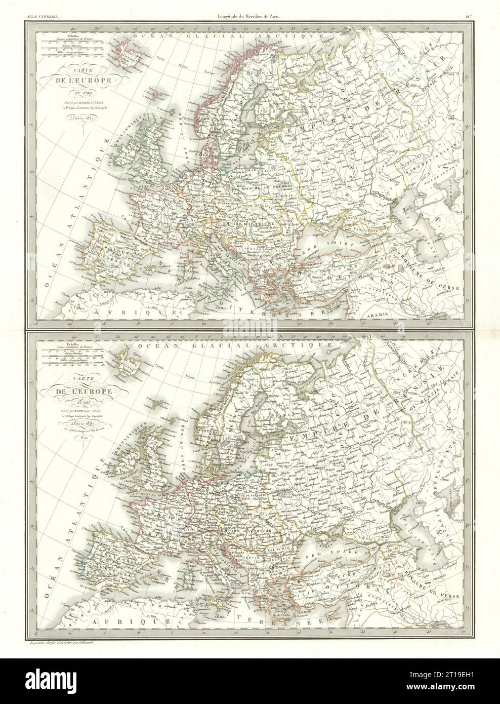 Carte de l'Europe en 1789 & 1813. Napoleonic Europe. LAPIE 1831 old map Stock Photo