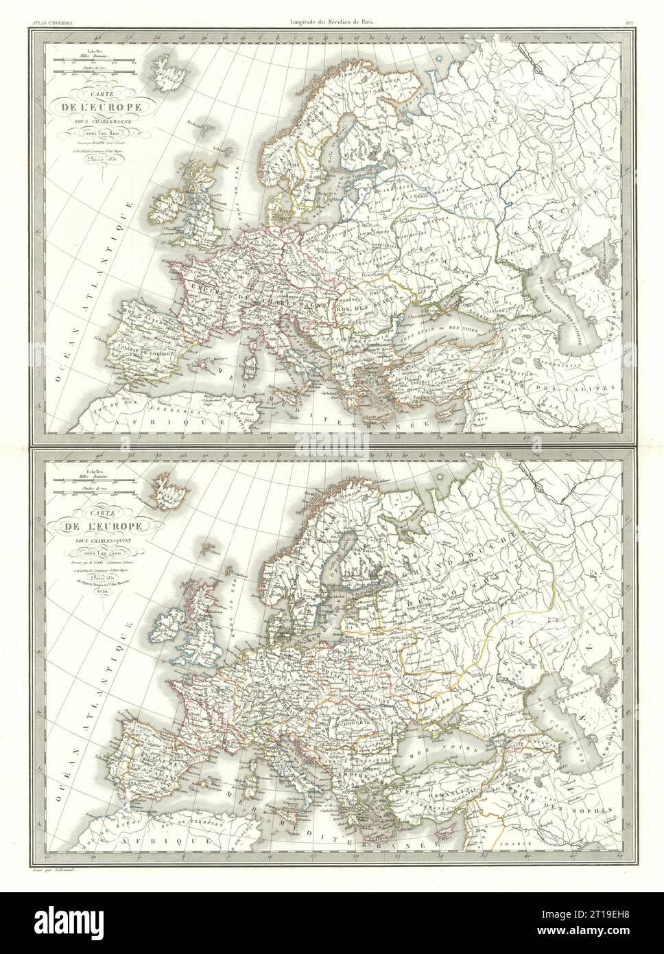 Carte de l'Europe sous Charlemagne (800) & Charles V (1500). LAPIE 1831 map Stock Photo