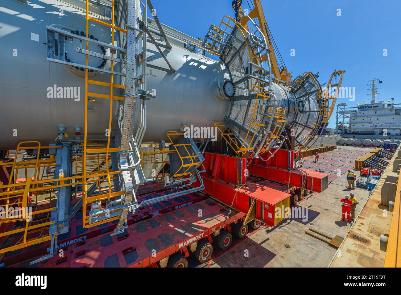 Off-shore oil platform stairwell being loaded on to a shipping ferry. Stock Photo