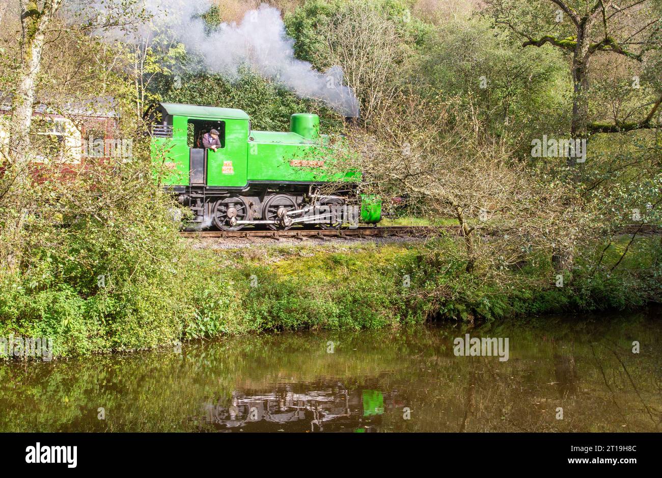 Steam train on the Churnet Valley railway as it passes alongside the Caldon Canal near Consall forge Staffordshire England UK Stock Photo