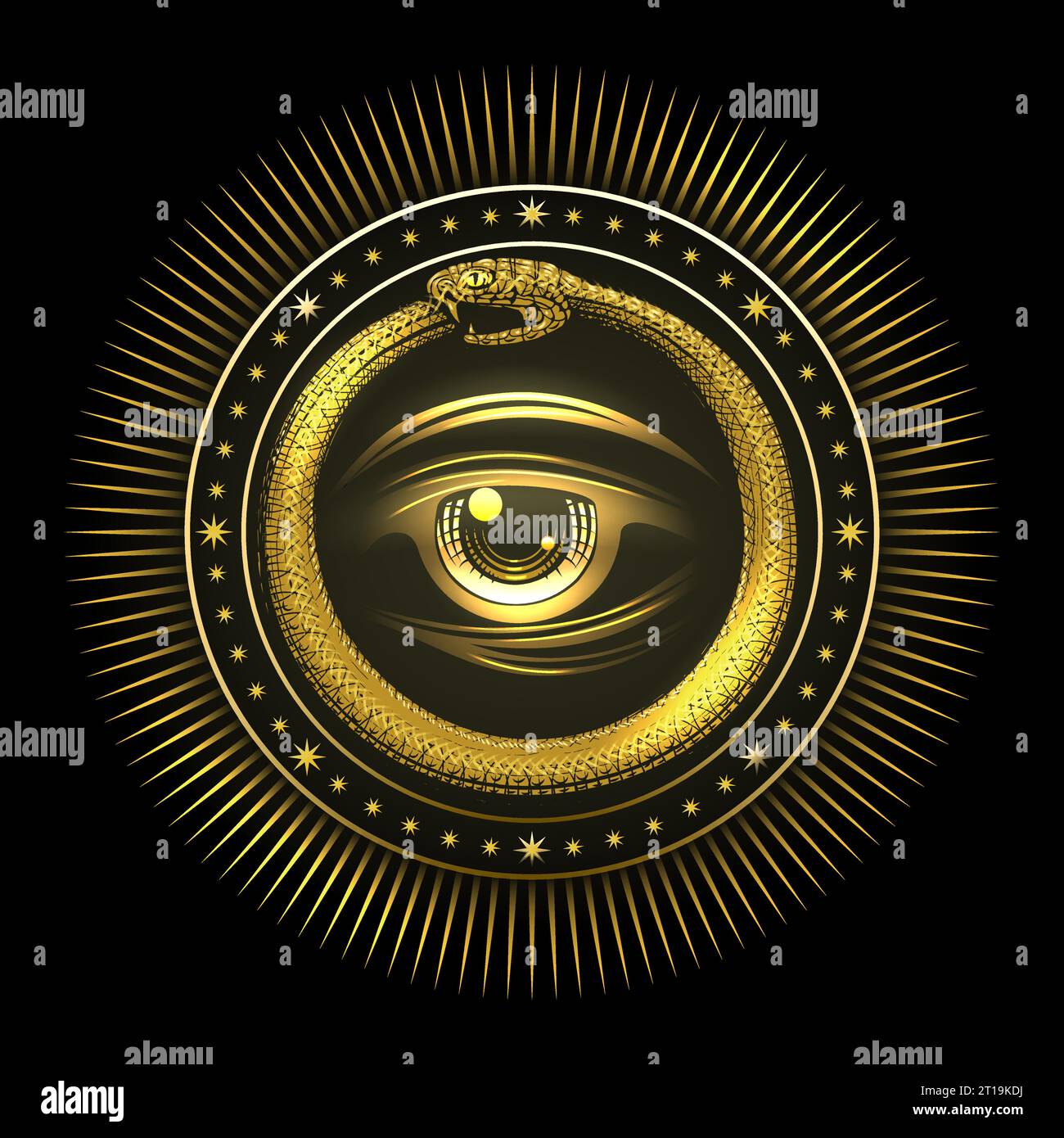 All Seeing Eye inside Golden Snake Esoteric concept isolated on Black