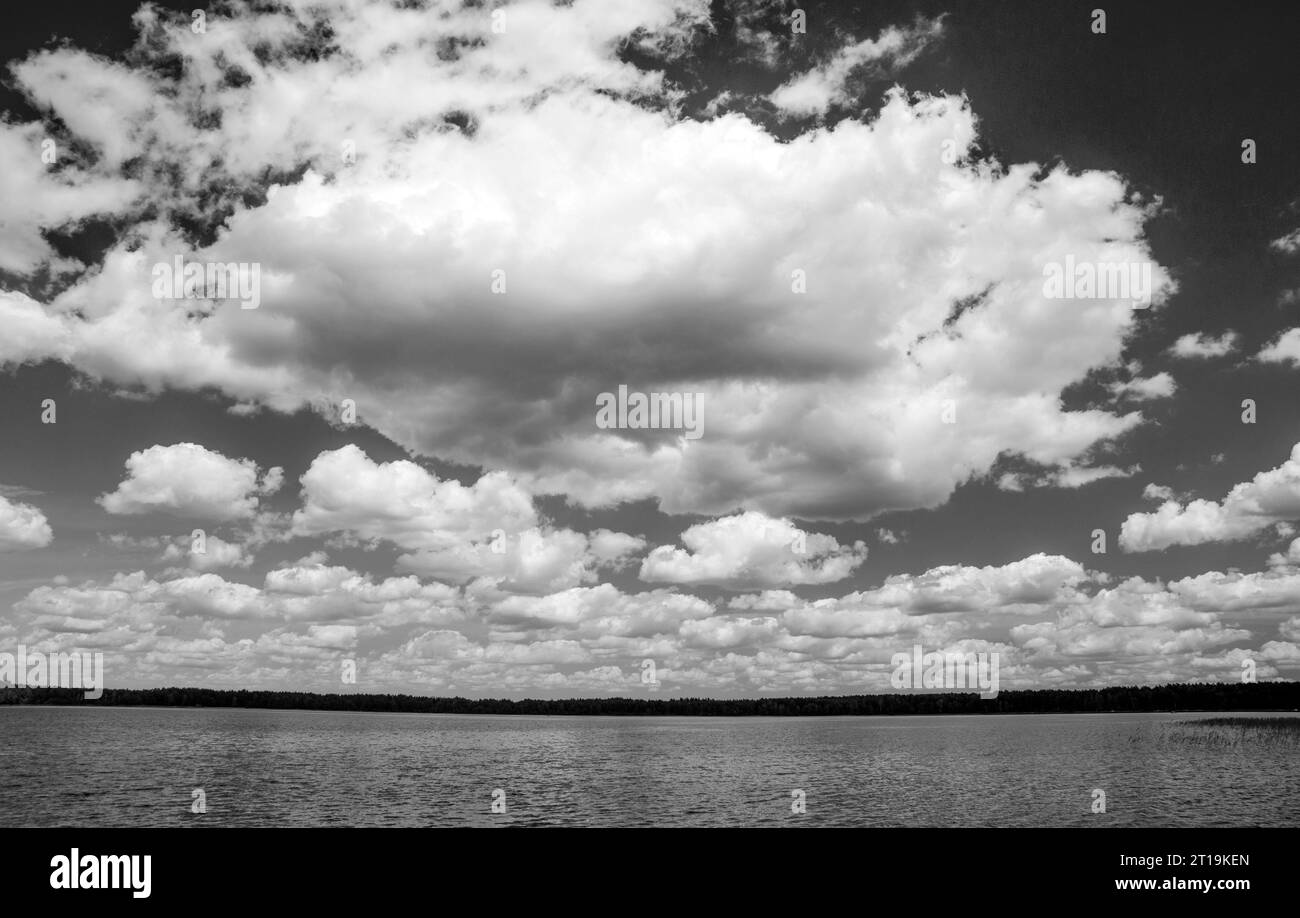 Black and White Beautiful sky with fluffy white clouds over modern city ...