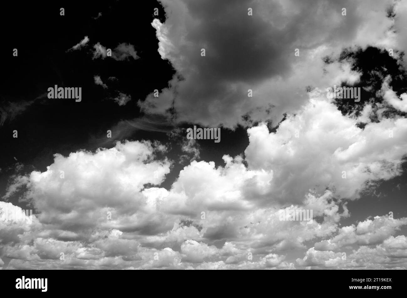 Black and White Beautiful sky with fluffy white clouds over modern city ...