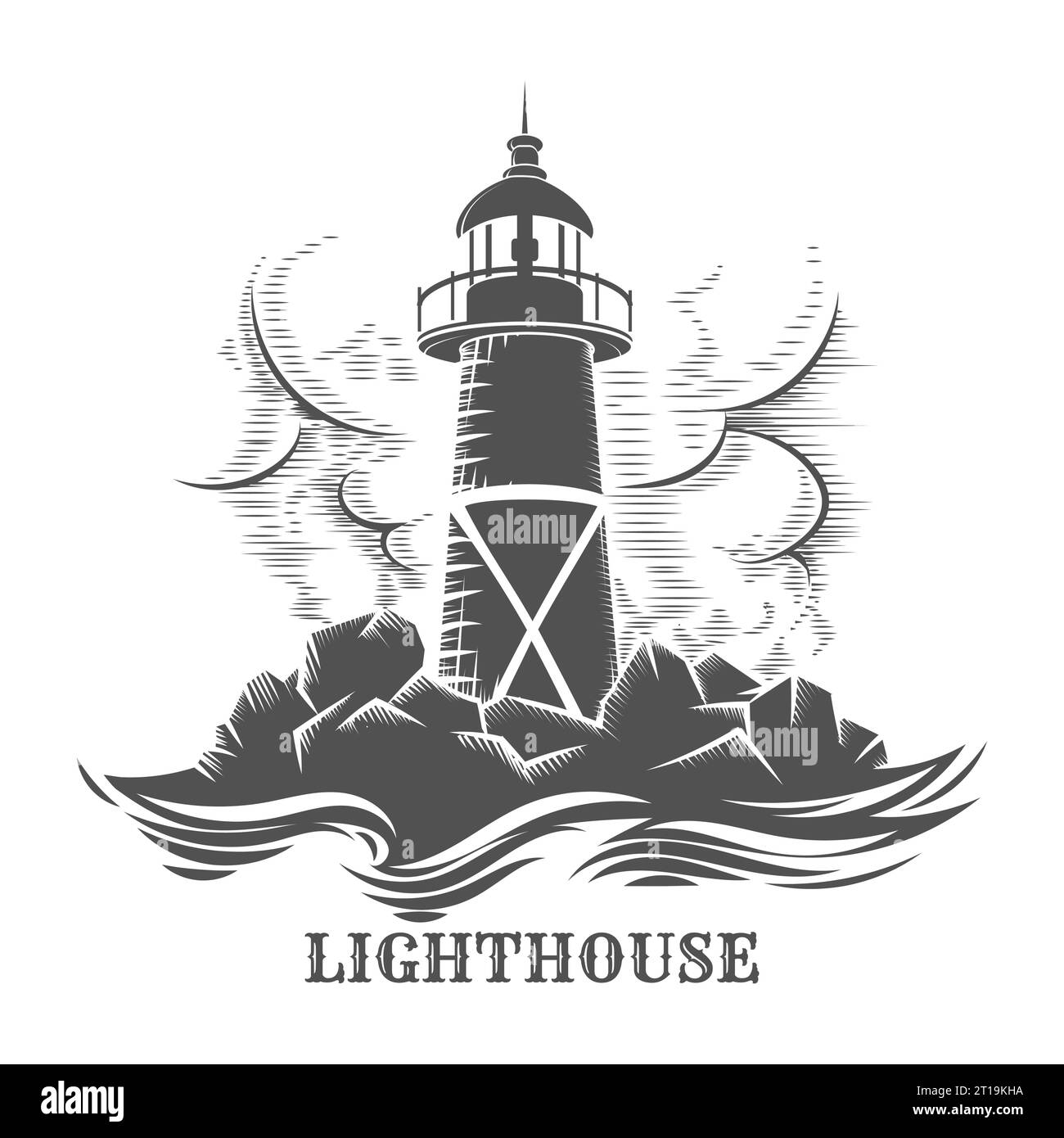 Lighthouse Monochrome Engraving Emblemisolated on white Vector illustration Stock Vector