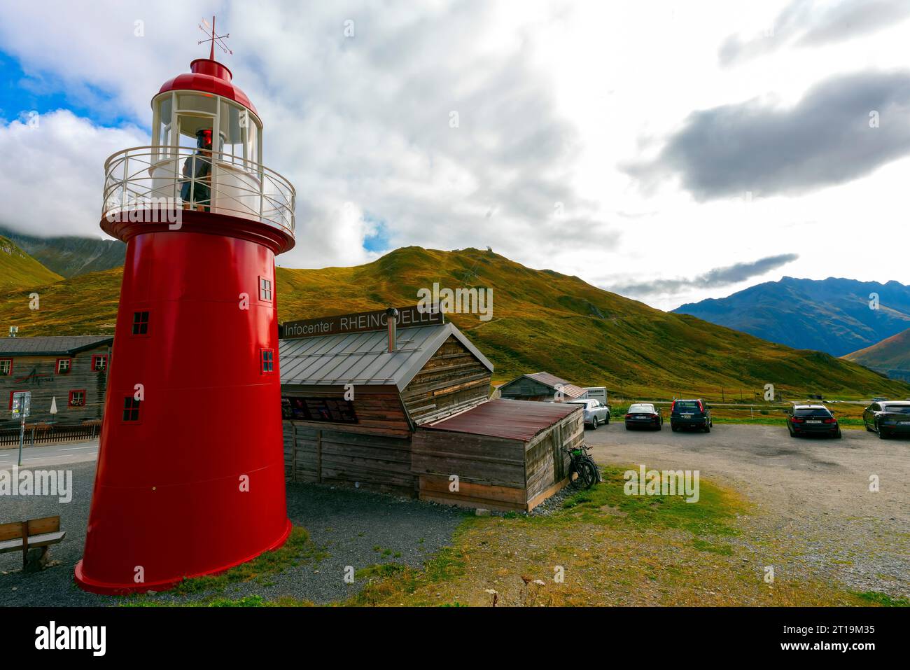 The lighthouse at Oberalppass, altitude 2046 m. The Pass is an important route through the Alps, connecting Switzerland and Italy. Stock Photo