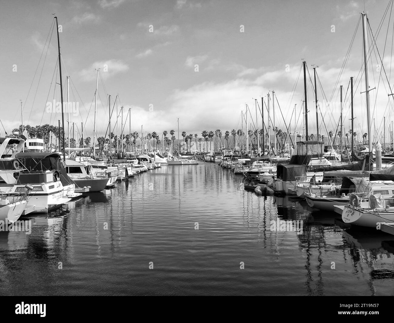 Black And White Photo Of Moored Boats In The Port Royal Marina At King Harbor, Redondo Beach, California, USA. Stock Photo